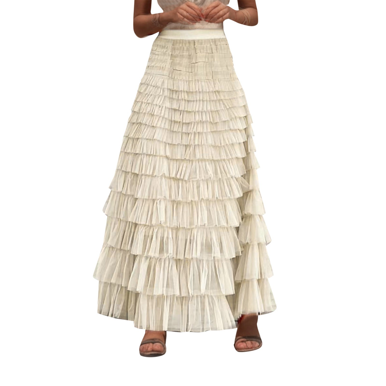 thumbnail image 1 of Falda evasé de malla para mujer: vestido de fiesta de cintura alta, prenda informal de poliéster, 1 of 4